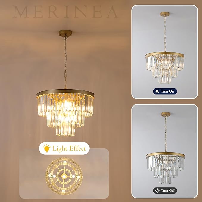 Gold Crystal Chandeliers Modern Round 20" Chandelier 7 Lights Ceiling Pendant Light Fixture Luxury 3-Tier K9 Crystal Lighting for Living Room Dining Room Bedroom Kitchen Foyer