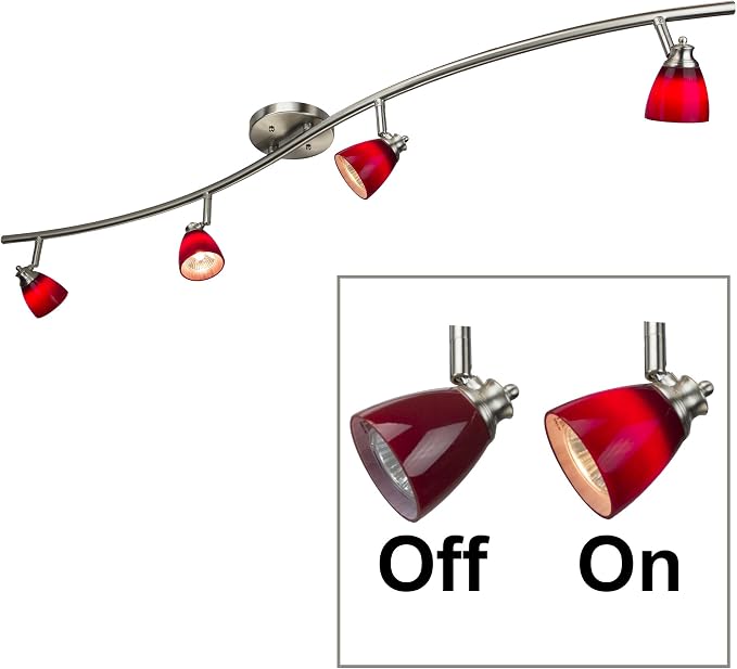 4 Light Adjustable Track Light, Brushed Steel Finish, Red Glass Shade, Ready to Install, Bulb Included, D268-44C-BS-BRED