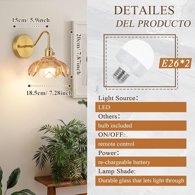 Vintage Glass Sconces, Battery Operated Wall Light with Remote, Rechargeable Wall Sconces RGB, No Socket Required, Easy to Install, Vintage Wall Sconce for Bedroom, Hallway, Aisle