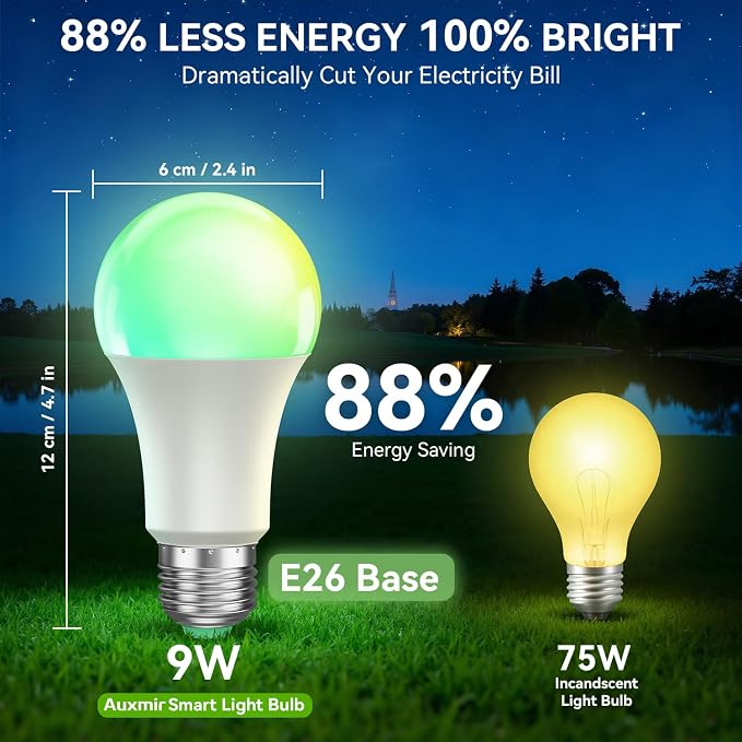 Auxmir A19 Smart Light Bulbs with Remote, RGB+CCT Color LED Bulbs, 2-Pack | E26, 9W 800LM 60W equivalent, works with Alexa and Google Assistant, Bluetooth, 2700K-6500K, music sync, no hub required