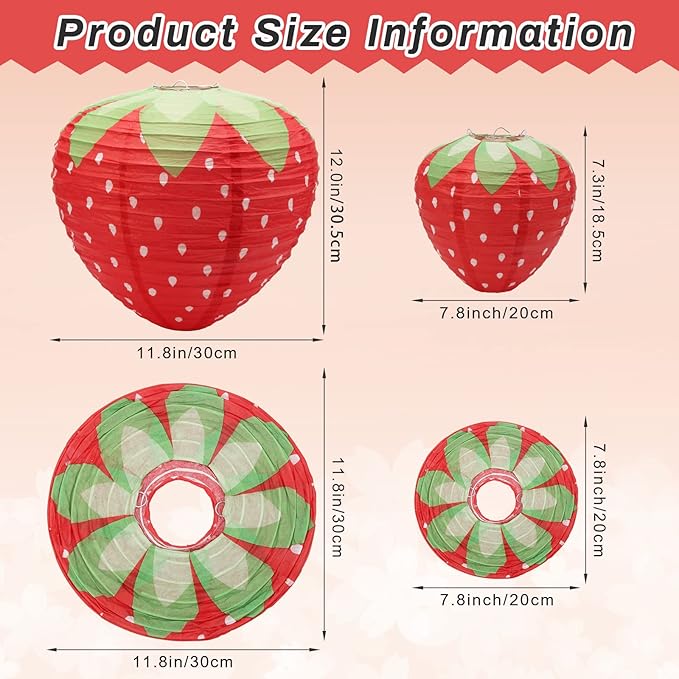 4Pcs Strawberry Paper Lanterns, Windspeed Large Strawberry Paper Lantern Hanging Decor 3D Strawberry Decoration Hanging For strawberry Birthday party decorations 8 inch, 12 inch (red)