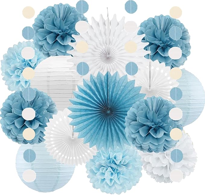 Dusty Blue White Party Decorations Paper Lanterns Tissue Pom Poms Flowers White Paper Fans for Light Blue Birthday Baby Shower Bridal Shower Wedding Party Decoration