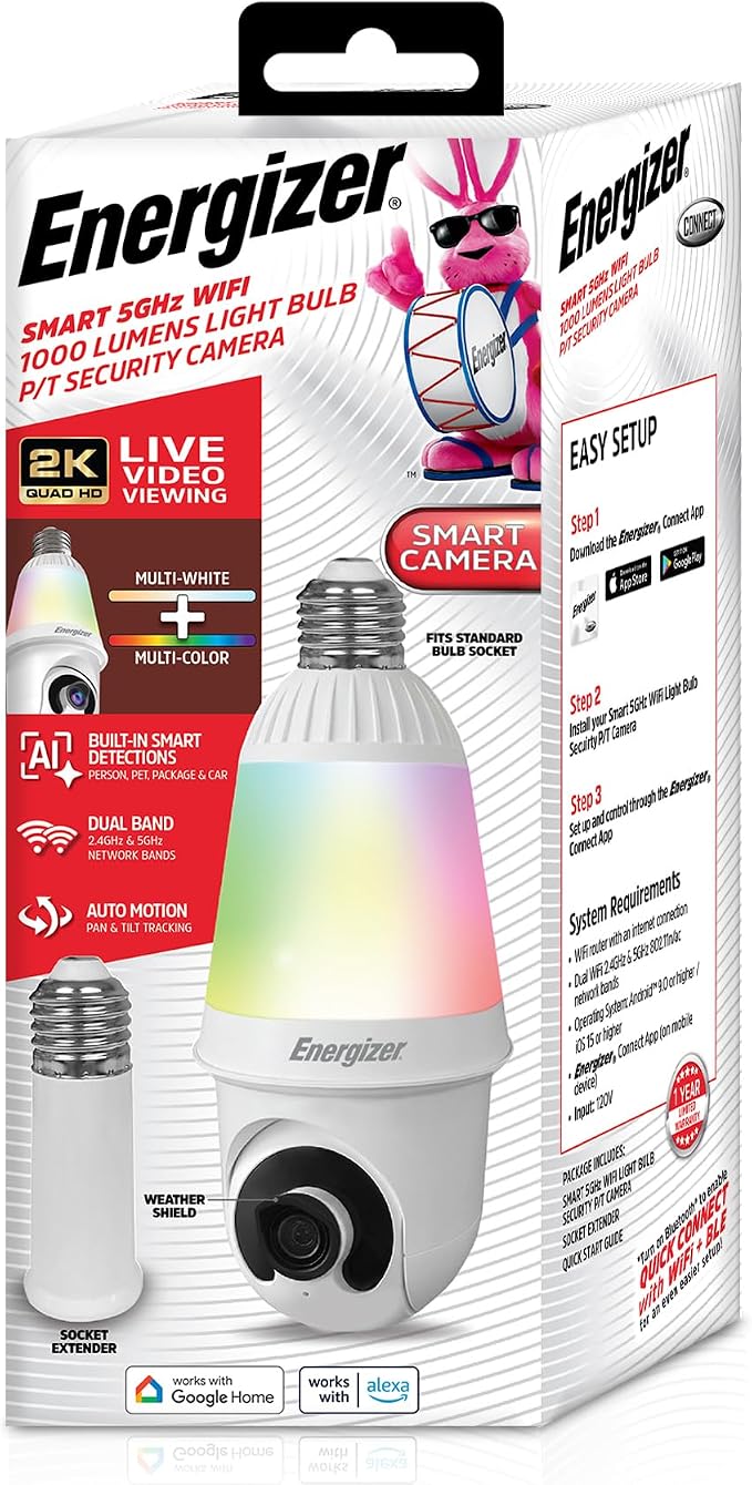 Energizer Smart 2K Light Bulb Security Camera, 1000 Lumens LED Light, 5G&2.4G Wi-Fi Outdoor Socket Camera, Pan Tilt Auto Tracking, (White, AI Smart Detection Built-in)