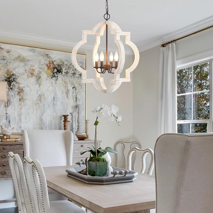 22" Farmhouse Chandelier Distressed White Wood Dining Room Light Fixture | Oak, Rustic Country Style, Large Lantern, 4-Light Hanging Pendant Light For Foyer Entryway Kitchen Island Bedroom Over Table