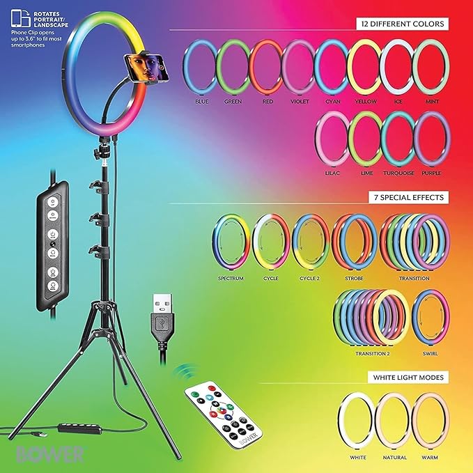 Bower 12-inch Led Selfie Ring Light Studio - Adjustable Brightness, 9 RGB and 3 White Light Modes, 7 Special Effects, with Tripod and Wireless Remote for Professional Photos and Videos