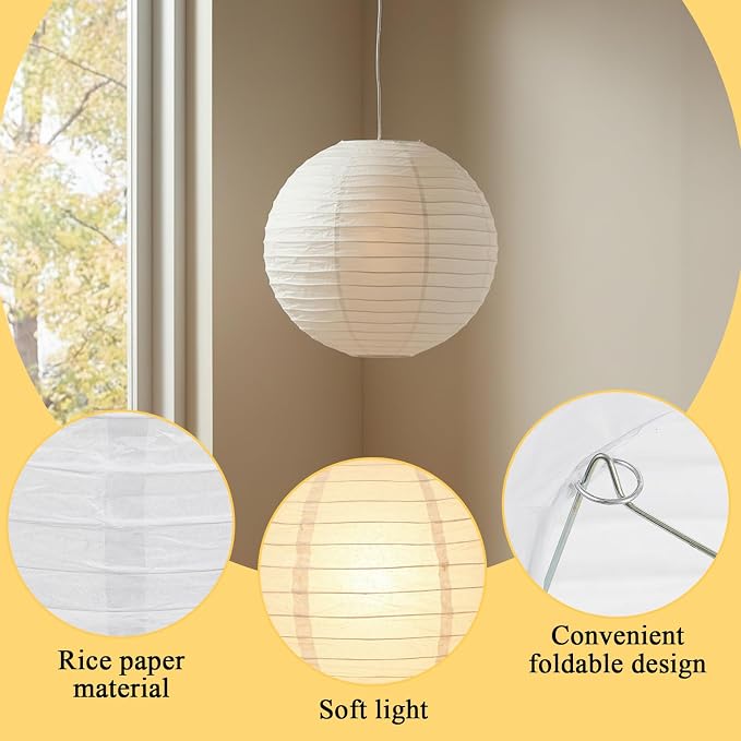 White Round Paper Lantern Lampshade, 12"x12'' Chinese Japanese Round Hanging Paper Lantern, Small Papers Lanterns Pendant Light Shade for Wedding, Restaurant, Church, Birthday Party, Home Decor
