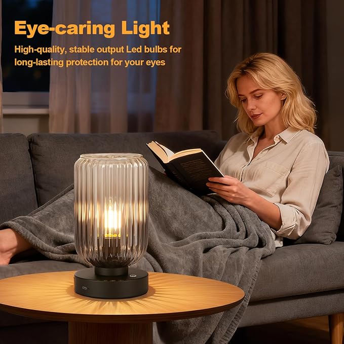 LigthRound Touch Table Lamp for Bedroom, Cordless Bedside Small Table Lamp, Dimmable Rechargeable Battery Operated Lamp for Nightstand, Bedside, Living Room, Desk, LED Bulb Included