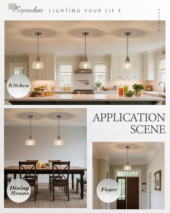 EAPUDUN Modern Farmhouse Pendant Light, 1-Light Industrial Hanging Light Fixture 9.3-inch, Brushed Nickel Finish with Clear Glass Shade, PDA1127-BNK