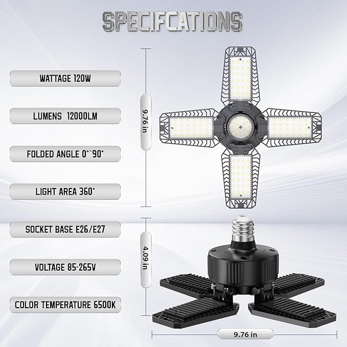 Garage Light 1 Pack 120W, 12000LM LED Lights for Garage with 4+1 Deformable Panels 6500K Screw in LED Shop Lighting for Workshop, Basement Support E26/E27