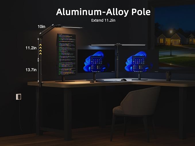 Ring Light with Stand, Sensor Switch Dual Light Head | Desk Lamps for Home Office 270° Rotatable & Extendable Aluminum Alloy Arm, Eye-Caring, 24W Dimmable Desk Light with Clamp