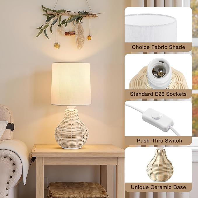 EJIAXIN Rattan Table Lamp Boho Lamps Set of 2-12.5" Mini Farmhouse Wicker Light Rustic End Table Decorative Small Lamps for Small Spaces Bedroom Nightstand Living Room Reading Desk Side Table Lamp