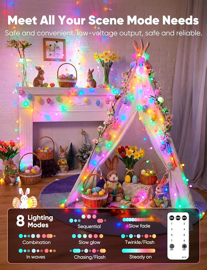 Minetom Globe String Lights, 33 Feet 100 Led Fairy Lights Plug in, 8 Modes with Remote Mini Globe Lights for Indoor Outdoor Bedroom Party Garden Christmas Tree Easter Decoration, Pink + Multicolor