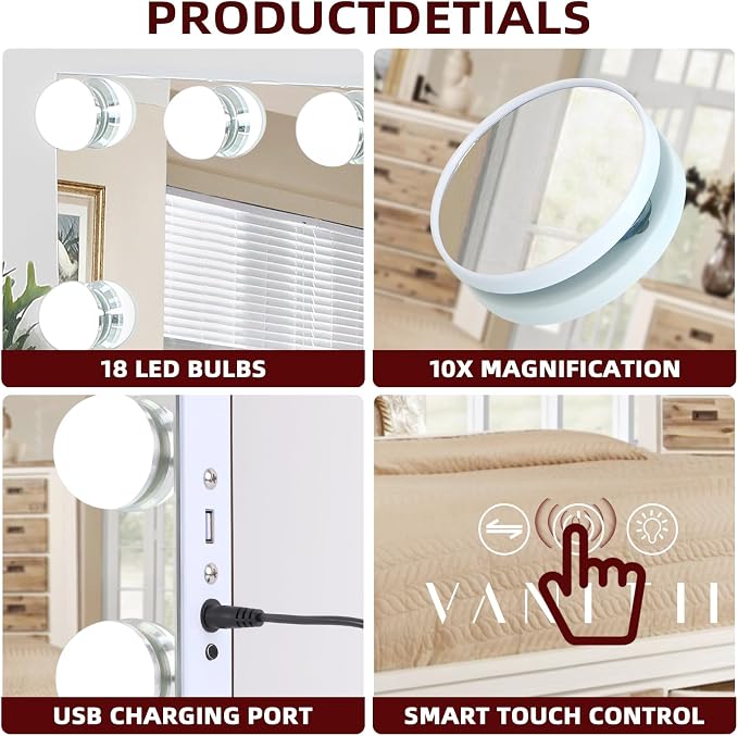 VANITII Hollywood Vanity Mirror with Lights 22.8" *31.5" USB Charging Light up Makeup Mirror with 18 LED Dimmable Bulbs 3 Color Lights Bedroom Cosmetic Mirror for Table and Wall