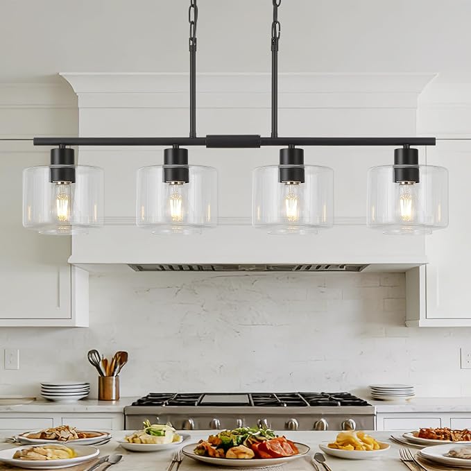 4-Light Kitchen Island Lighting, Modern Black Linear Dining Room Chandelier Light Fixtures with Clear Glass and Chain, Farmhouse Hanging Lights for Kitchen Island Dining Room, OS-YQ8153-4ISBKC