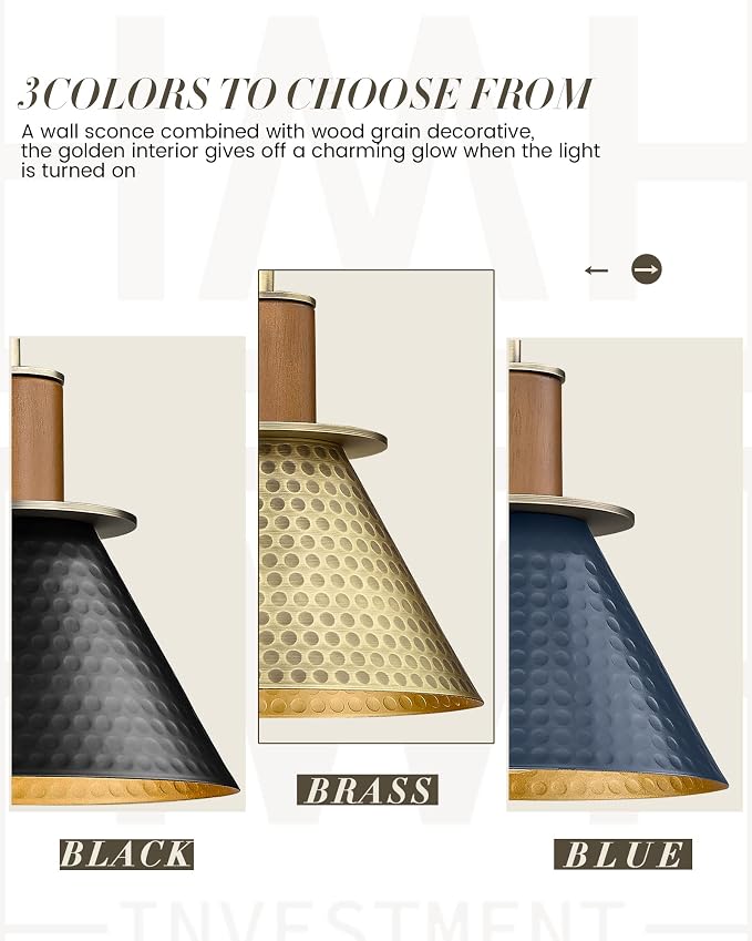 Antique Brass Wall Sconce, HWH Hammered Barn Wall Light Fixtures, 1-Light Single Sconce Vanity Light, Farmhouse Wall Lamp for Bedroom Bedside Kitchen Hallway, Hammered Metal Shade, 5HZG74B-L BG