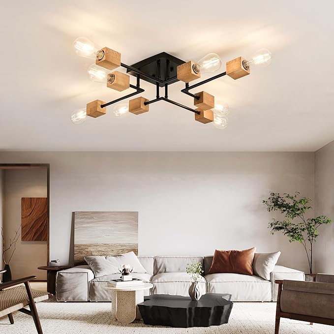 8-Light Modern Black and Wood Sputnik Chandelier Retro Matte Ceiling Light Fixture Boho Ceiling lamp for Kitchen Dining Room Living Room Bedroom Farmhouse
