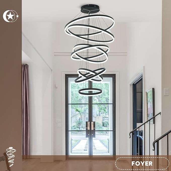 XGZL·LIGHTING 7-Rings Modern LED Chandelier Black D31.5’’ Contemporary High Ceiling Foyer Chandeliers Large with Remote Entryway for Living Room Entrance Staircase, 3000K-6000K