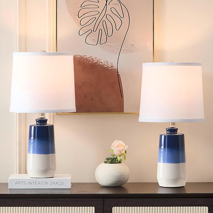 EUO 20.5" Ceramic Blue Lamps for Nightstand Set of 2, Blue Table Lamps for Living Room Set of 2, Coastal Table Lamp for Bedroom with White Barrel Lampshade, Blue White Ceramic Lamp for Small Space