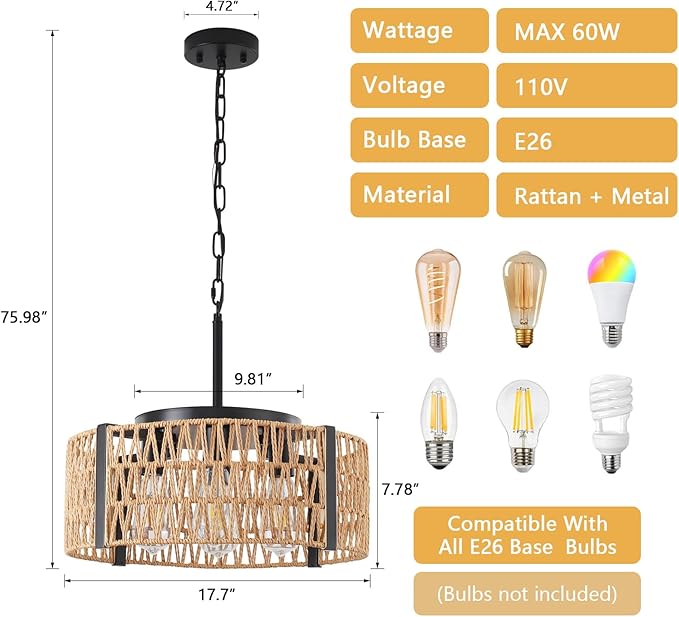 Boho Rattan Chandelier,4-Light 17.7”Chandeliers for Dining Room Hand Woven Rattan Light Fixture Farmhouse Chandeliers for Kitchen Island Bedroom, Living Room, Foyer (E26 Bulbs Not Included