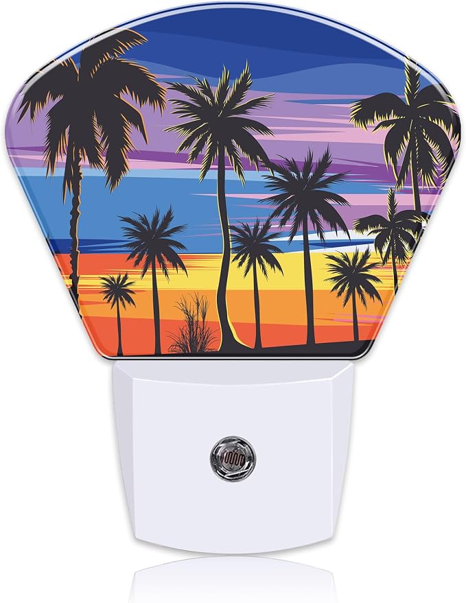 Tropical Palm Tree Night Light Plug into Wall, Sunset Beach Night Light with Dusk to Dawn Sensor for Kid Girls Boys Women Men Bedroom, Hallway, Kitchen, Bathroom, Stairs Decor