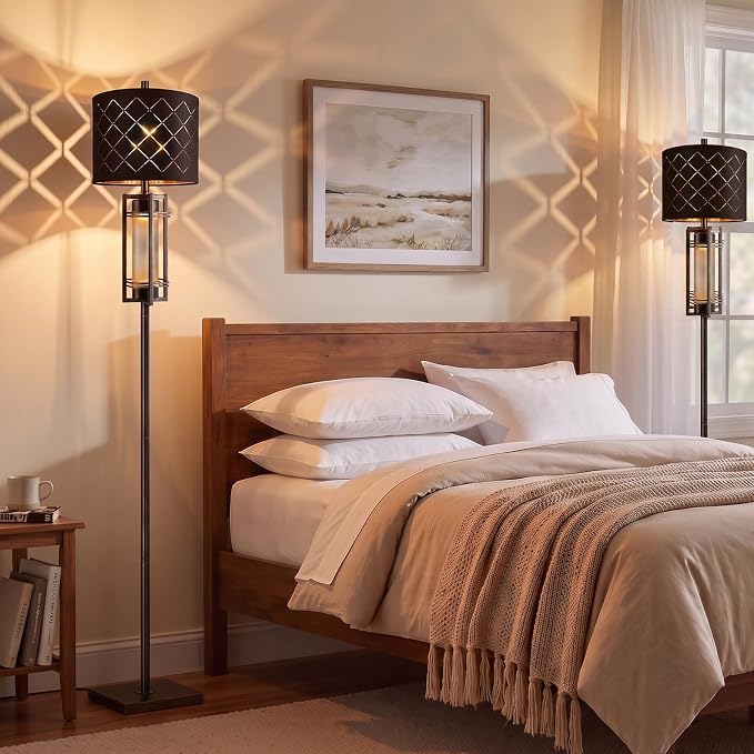 74'' Floor Lamp with Nightlamp, Modern Black Tall Standing Lamp, Metal Base | Gold-Brushed Black Lamp Body, Rotary Switch,Upgraded Model Height,Black Grid Lampshade,Heavy-duty Base,Floor Lamp for Bedroom