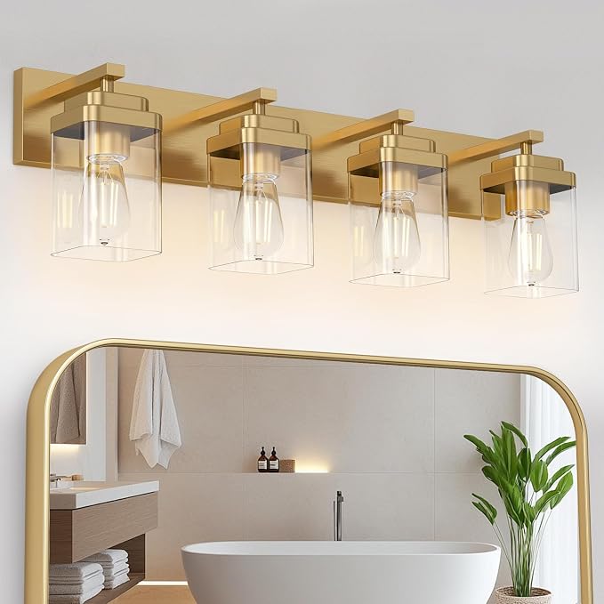 Brushed Gold Bathroom Light Fixtures, 4 Lights Bathroom Lighting Fixtures Over Mirror, Square Design & Rectangle Large Backplate, Modern Vanity Lighting Fixtures, for Living Room/Bedroom