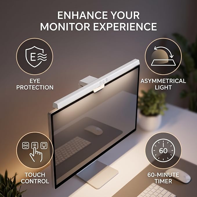 GLOGLOW Monitor Light Bar, ABS Touch Control LED Screen Lamp (White) | Asymmetrical Non-Glare Eye Protection Lighting, 60 Minute Auto Shutoff Timer Desktop Workstation for Student Dorm Study Space