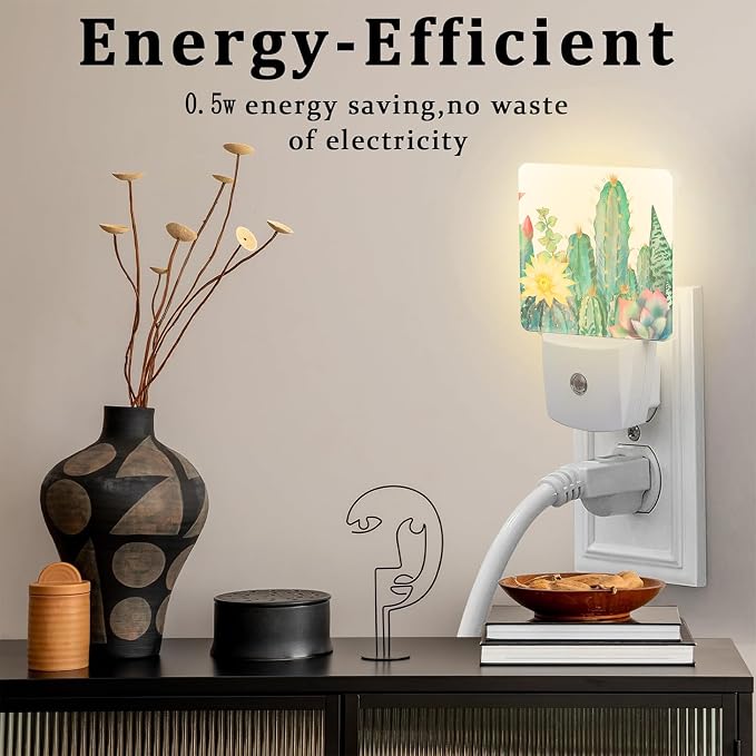 Cactus and Succulents Night Light Plug into Wall, Watercolor Botanical Floral Dusk to Dawn Night Light Plug in,0.5w Energy Saving Sleep Friendly NightLight for Kids Boys Girls Home Decor