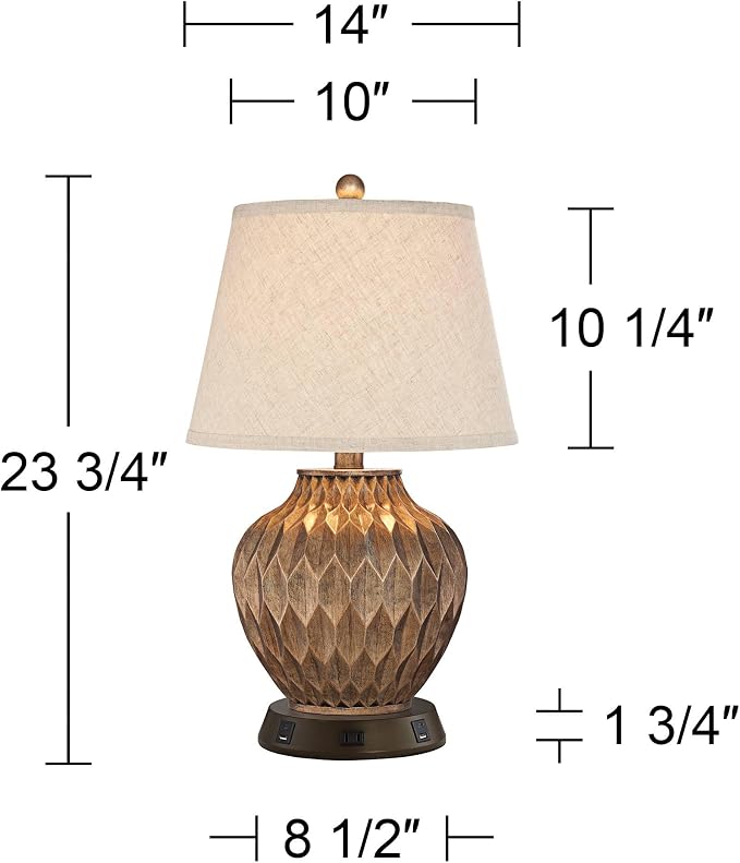 Buckhead 22" High Table Lamp Brown USB Workstation Base Warm Bronze Urn | Geometric Charging Ports and AC Power Outlet Living Room Bedroom Bedside Nightstand House Office Home Tapered Drum Shade