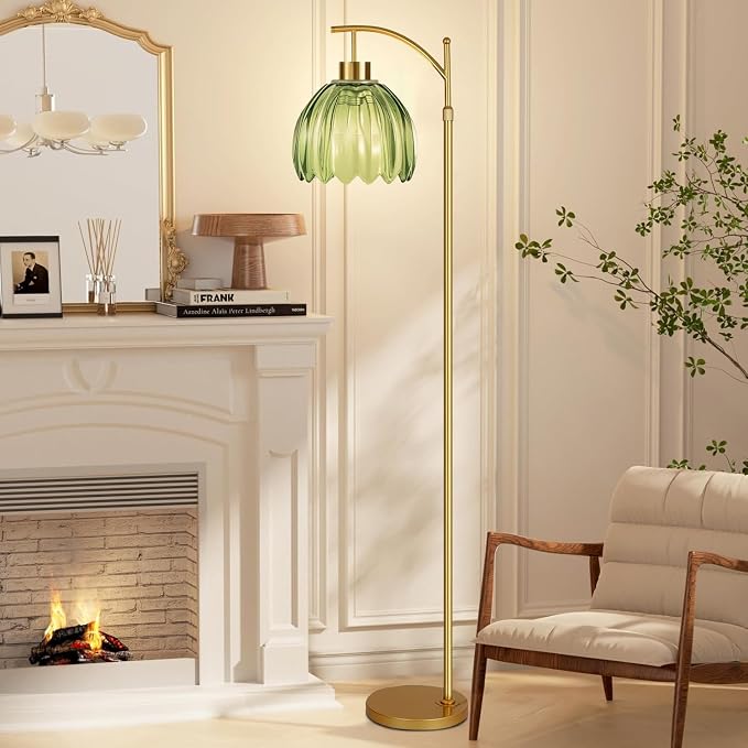 ILLMTW Glass Floor Lamp for Living Room,Bedroom,Gold Mid Century Modern Standing Lamp with Remote,Dimmable Brass Tall Lamp Vintage Tulip Green Arc Flower Floor Light Boho Bohemian