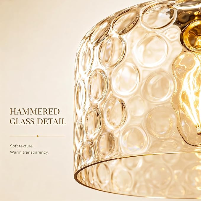 Daunton Gold Farmhouse Hammered Glass Kitchen Pendant Lighting Over Island | Height adjustable hanging light fixture kitchen, 90-degree swivel, 2-in-1 ceiling light and pendant light, E26 bulb base