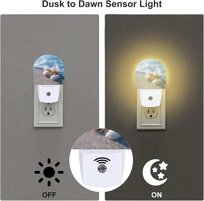 Starfish and Seashells on Beach Night Light for Kids,Summer Beach Ocean Waves Plug in Night Light with Dusk to Dawn Sensor, 0.5w Energy Saving Nightlight for Hallway Stairway Kitchen Bedroom