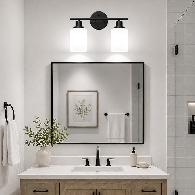 2 Light Bathroom Light Fixtures, Modern Vanity Lights with Milky Glass Shade, Black Wall Lamp Over Mirror for Bathroom, Living Room, Cabinet, Bedroom, E26 Base