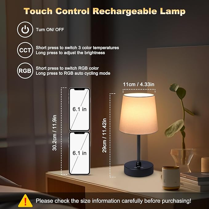 Wowag Small Cordless Table Lamp,5000mAh Rechargeable Battery Operated Desk Lamp,3 Colors & 7 RGB Stepless Dimmable, Portable Touch Wireless Lamp for Bedroom,Dining Table,Restaurant 2 Pack (White)