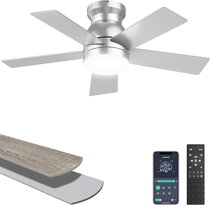 Ohniyou 32'' Silver Low Profile Ceiling Fan with Lights, Remote/APP Control | Flush Mount, Dimmable 3CCT LED, Quiet DC Motor; Memory Function, Small Ceiling Fan for Indoor Bedroom Kitchen Nursery