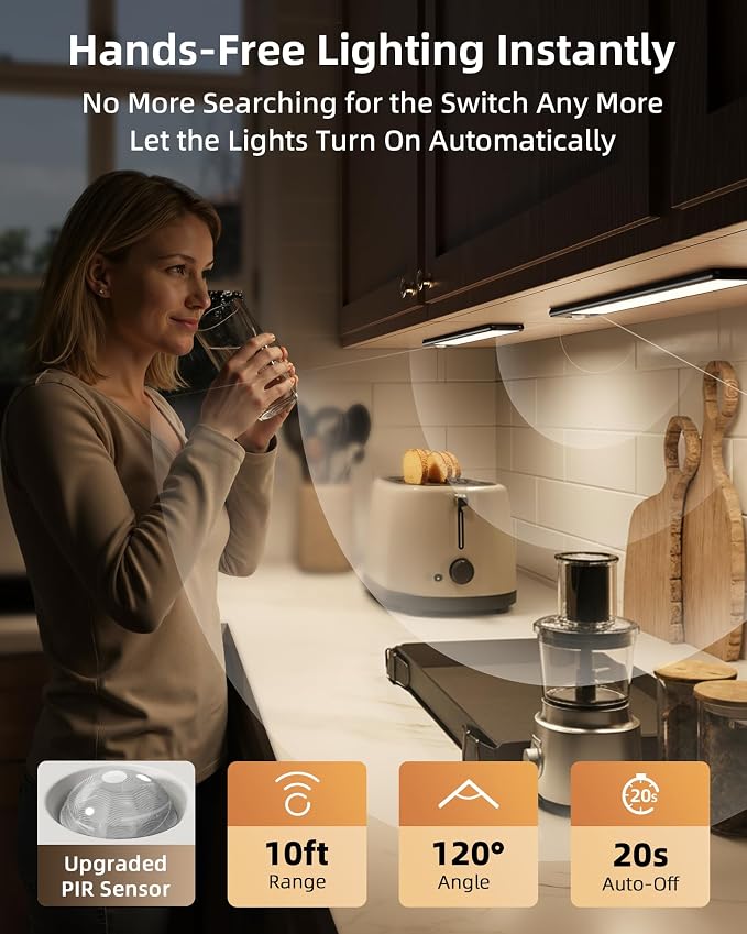 EZVALO Under Cabinet Lighting, 3500mAh Rechargeable Motion Sensor Light Indoor, 3 Color Temps, 5-Level Dimmable Magnetic Wireless Closet Lights for Kitchen, Stairs (Black, 2 Pack)