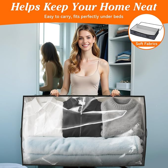 90L Under Bed Storage Containers, Storage Bags, Organizers, 6-Pack, Gray | Foldable, Soft Fabric, Closet Organizers, Reinforced Handle, Label Holder, Clear Window, for Comforters, Clothing, Blankets