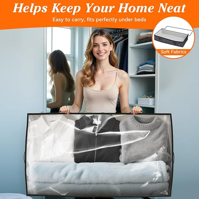 90L Under Bed Storage Containers, Storage Bags, Organizers, 8-Pack, Gray | Foldable, Soft Fabric, Closet Organizers, Reinforced Handle, Label Holder, Clear Window, for Comforters, Clothing, Blankets