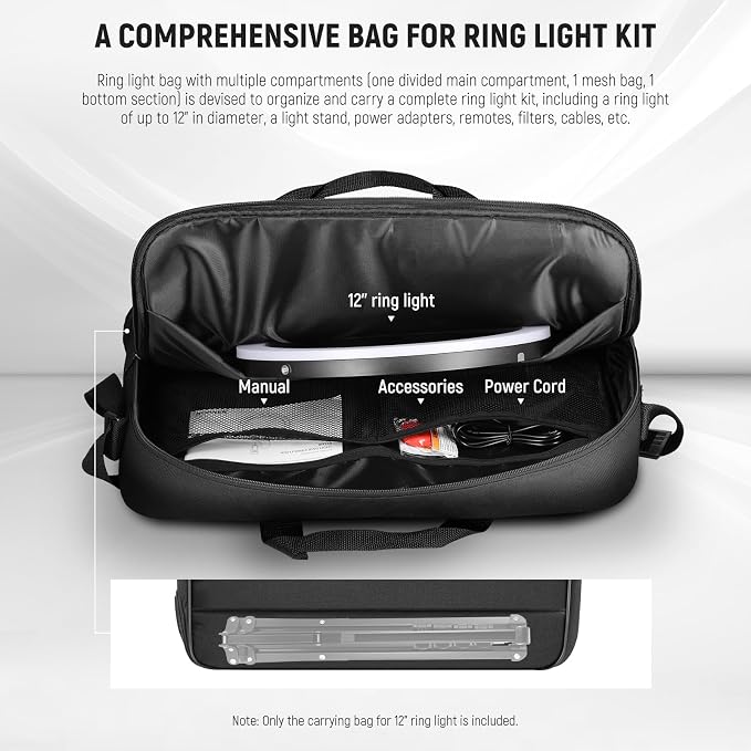 Neewer 12" Ring Light Carrying Bag for RH12B RH12C RH10B RH8B, 19.7"x16.5"/50x42cm Portable Protective Nylon Travel Case with Separate Section for Folded Light Stand Tripod Up to 19.7"/50cm, RU-011