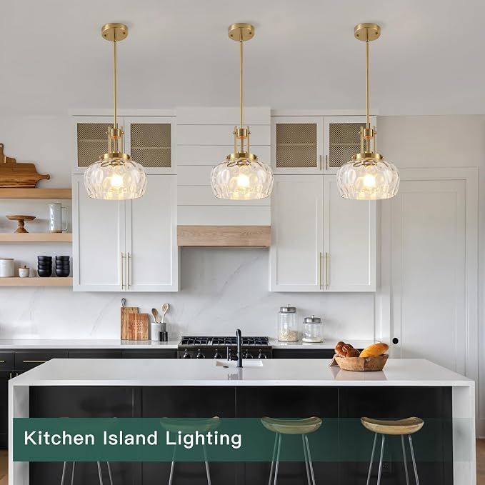 Gold Pendant Light Kitchen Island, 10 Inch, Hammered Glass Shade | Modern Farmhouse Style, For Kitchen Dining Room Bedroom, Bulb Not Included