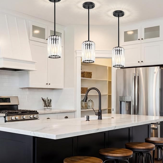 Black Pendant Light, Modern Crystal Pendant Lights Kitchen Island, Kitchen Island Lighting with Adjustable Height, UL Certified Island Lights for Kitchen Dining Room Bedroom Hallway 1 Pack