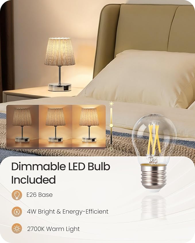 Small Bedside Table Lamp, Touch Dimmable Table Lamp with USB Ports, Nightstand Lamp with a Stepless Dimming LED Bulb, E26 Base, for Bedroom, Study, Desk, Glossy Gray and Gray PSH16TL05