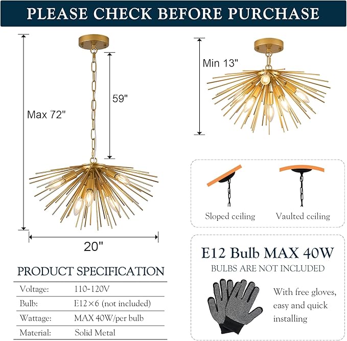 Gold Sputnik Ceiling Light Fixture 6-Light Starburst Chandelier Ceiling Light Mid-Century Modern Satellite Chandelier Solid Metal Urchin Chandeliers for Entry Dining Room Kitchen Sink