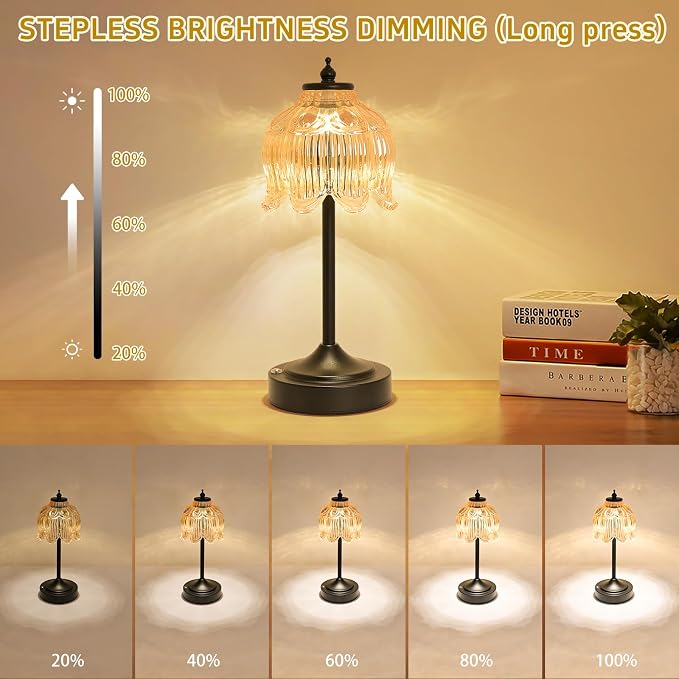 Cordless Table Lamp, Rechargeable Amber Glass Lotus Flower Lamp | 5200mAh touch lamp with 3 color modes and stepless dimming, battery operated lamp for nightstands and kitchen counters