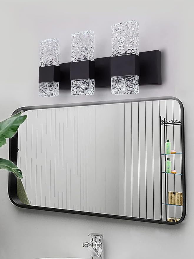 Black Bathroom Light Fixtures Crystal Bathroom Vanity Light 3 Light Over Mirror Modern LED Wall Light for Bathroom，6000K Cool Light，30 Watts