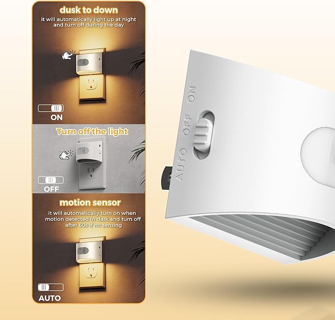 L LOHAS LED Motion Sensor Night Light, Night Lights Plug into Wall, 4 Pack | Nightlight with Dusk to Dawn & Motion Detection Sensor, 30-100Lm Adjustable Brightness, 3000K Warm White, White Housing