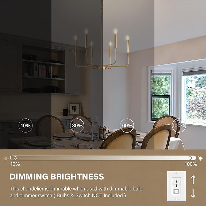 Modern Gold Chandelier for Dining Room,Metal 6-Light Kitchen Light Fixtures,Farmhouse Candle Hanging Pendant Light for Living Room Entryway Foyer Bedroom (Bulb Not Included)