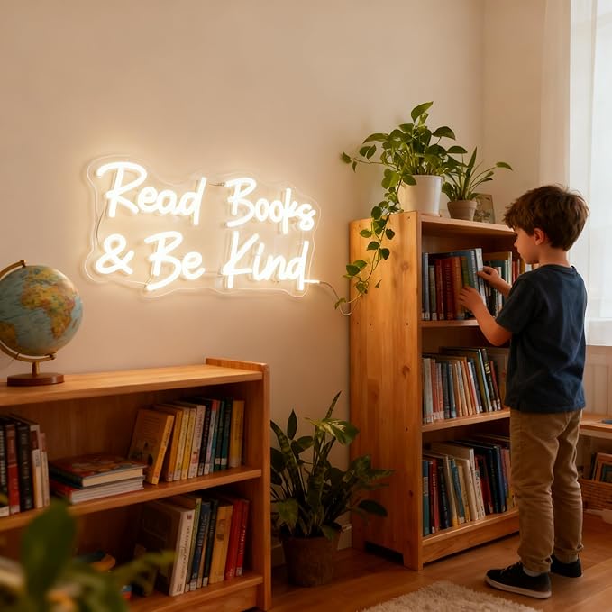 Read Books And Be Kind Neon Sign for Wall Decor, Dimmable Neon Light Signs for Bedroom LED Signs for Classroom Bookstore Library Study Reading Study Room Decoration