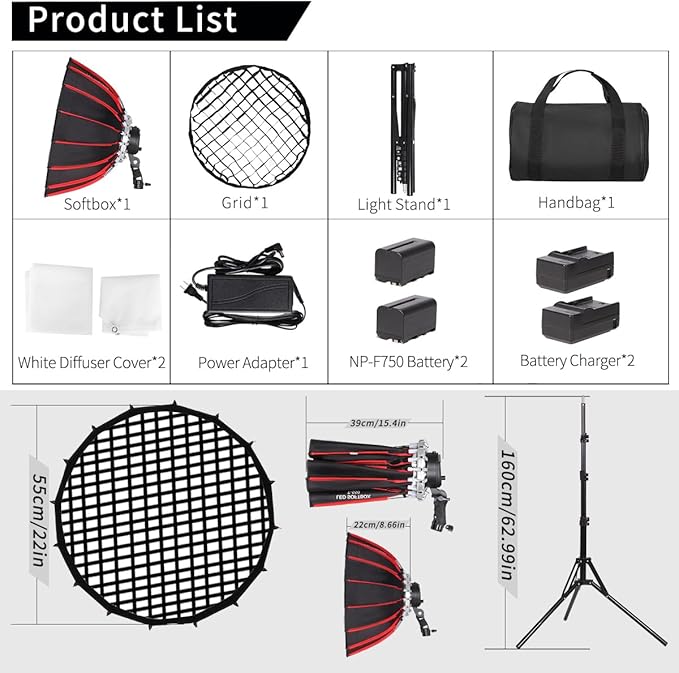 21in/55cm 60W Handheld LED Softbox Light with Rechargeable Battery/Grid/Light Stand, Dimmable Color Temperature for Studio Outdoor Portrait Products Photography Live Streaming Video Recording