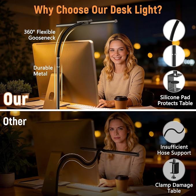 LED Desk Lamp for Home Office, Flexible Gooseneck Desk Lamp with Clamp, 5 Color Touch Control Stepless Dimming Adjustable Eye-Caring Desk Light with Adapter for Reading, Study, Workbench (Black)